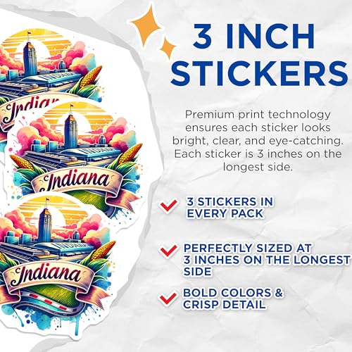 (3 Pack) Indiana Decals - Indianapolis Skyline - Travel Decal- 3 Inches On Longest Side - Easy Peel & Apply - Made in USA - 3MCS5781