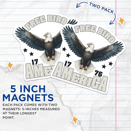 (2 Pack) Free Bird America Magnets - Bald Eagle Decor - 5" On Longest Side - for Cars, Fridges, Toolboxes - Made in USA - MAG7411