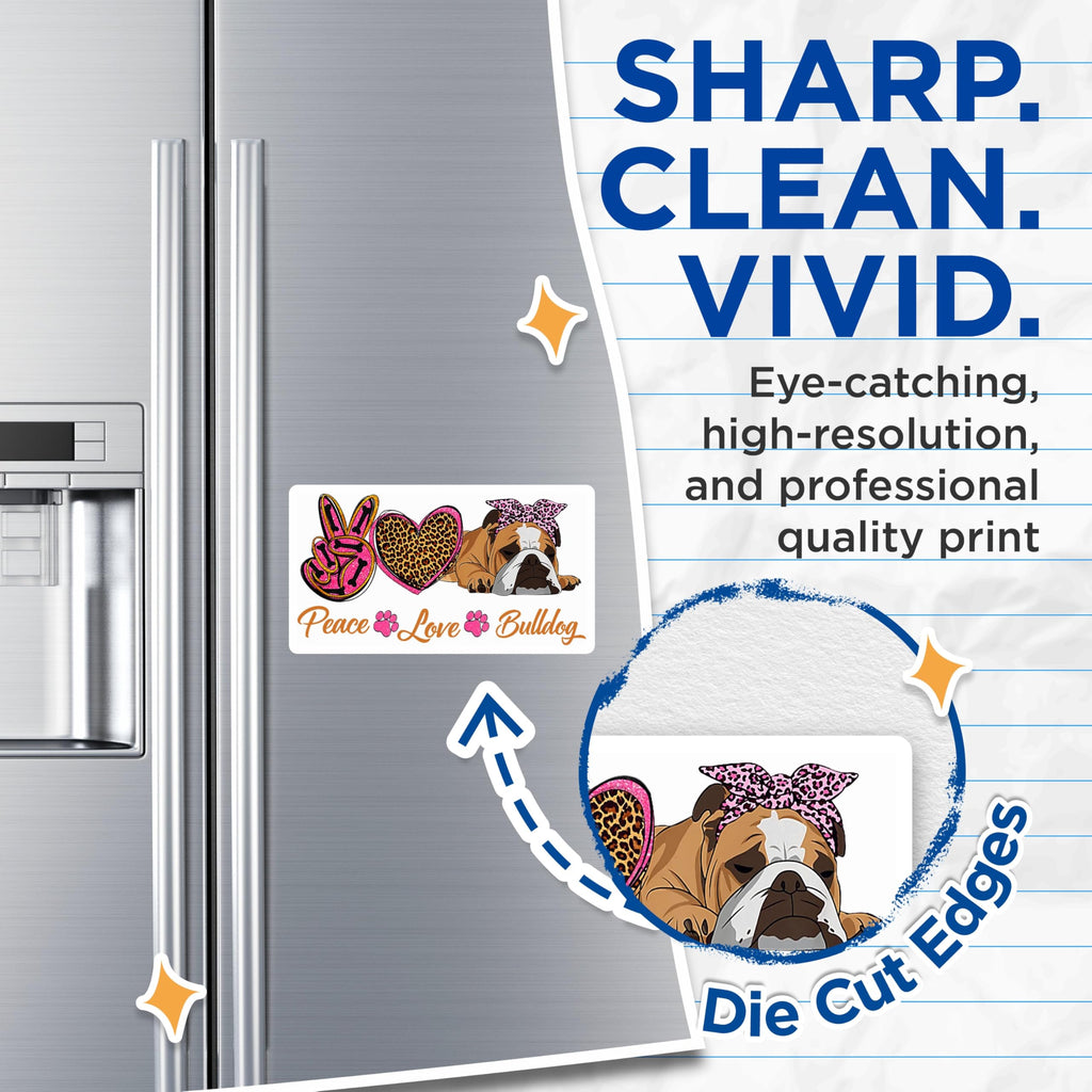 (2 Pack) Bulldog Magnets - Peace Love Dog Lover Magnet Set - Animal Print Pet Owner Decor - Peace Sign Heart Design - 5 Inches On Longest Side - Thick Durable Magnet - Made in USA - MAG23494