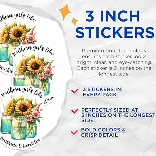(3 Pack) Southern Girls Decals - Sunflower Mason Jar - Sweet Tea Sunshine Sticker - 3 Inches On Longest Side - Easy Peel & Apply - Made in USA - 3MCS7077