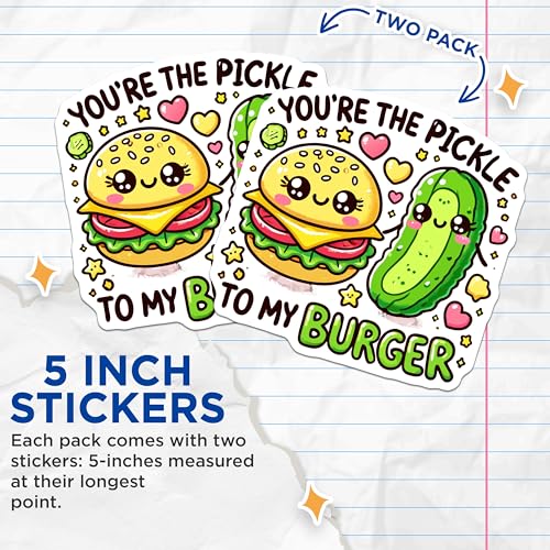 (2 Pack) Cute Food Stickers - Kawaii Burger and Pickle - Adorable Kitchen Decorations - 5" On Longest Side - Sticks to Smooth Flat Surfaces - Made in USA - BMCS5698