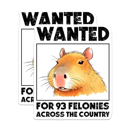 (2 Pack) Funny Capybara Stickers - Wanted Felony Humor - Animal Meme Decal - 5" On Longest Side - Sticks to Smooth Flat Surfaces - Made in USA - BMCS9666