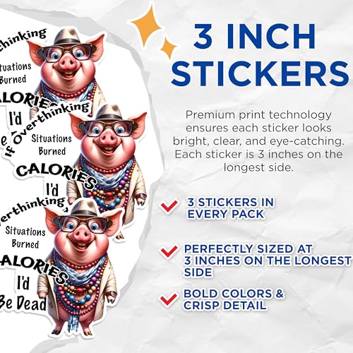 (3 Pack) Overthinking Pig Decals - Funny Pig Sticker - Pig Laptop Decal - 3 Inches On Longest Side - Easy Peel & Apply - Made in USA - 3MCS1716