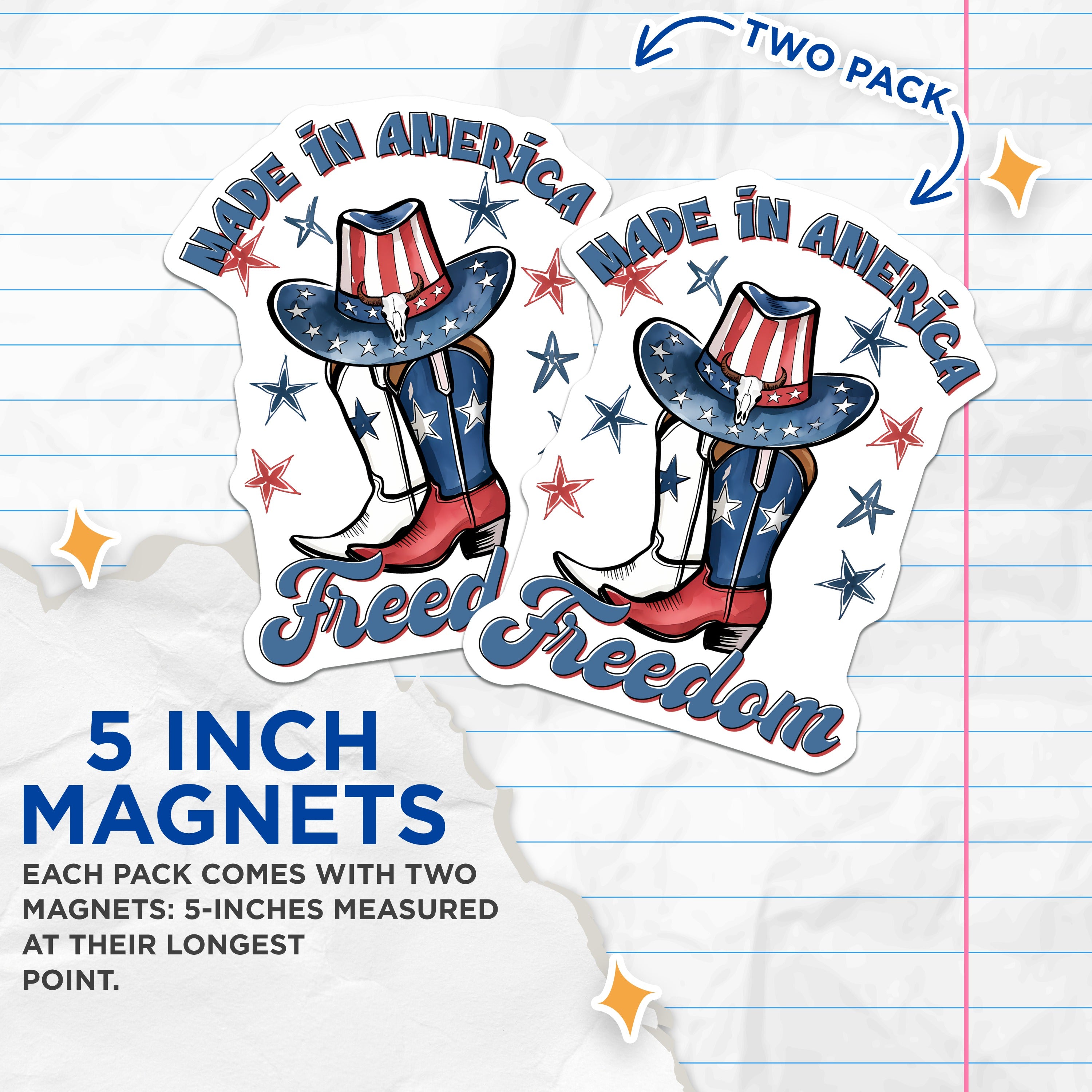 (2 Pack) Made in America Magnets - Patriotic Cowboy Boots - Western Star Hat Decor - 4th of July Display - 5 Inches On Longest Side - Thick Durable Magnet - Made in USA - MAG39795