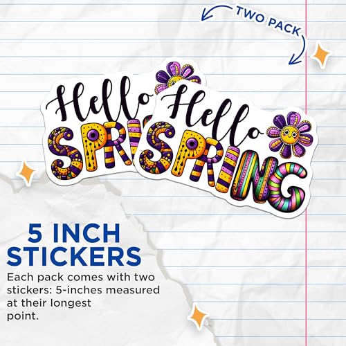 (2 Pack) Hello Spring Stickers - Cute Flower - Colorful Spring Decorations - 5" On Longest Side - Sticks to Smooth Flat Surfaces - Made in USA - BMCS8007