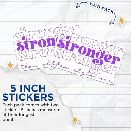 (2 Pack) Stronger Than Alzheimer Stickers - Inspirational Quote Stickers - Support Awareness Stickers - 5" On Longest Side - Sticks to Smooth Flat Surfaces - Made in USA - BMCS9798