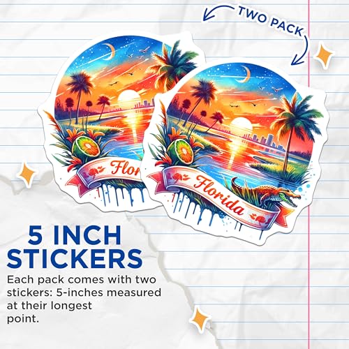(2 Pack) Florida Adventure Stickers - Sunset Nature Art - Tropical Vacation Illustration - 5" On Longest Side - Sticks to Smooth Flat Surfaces - Made in USA - BMCS6659