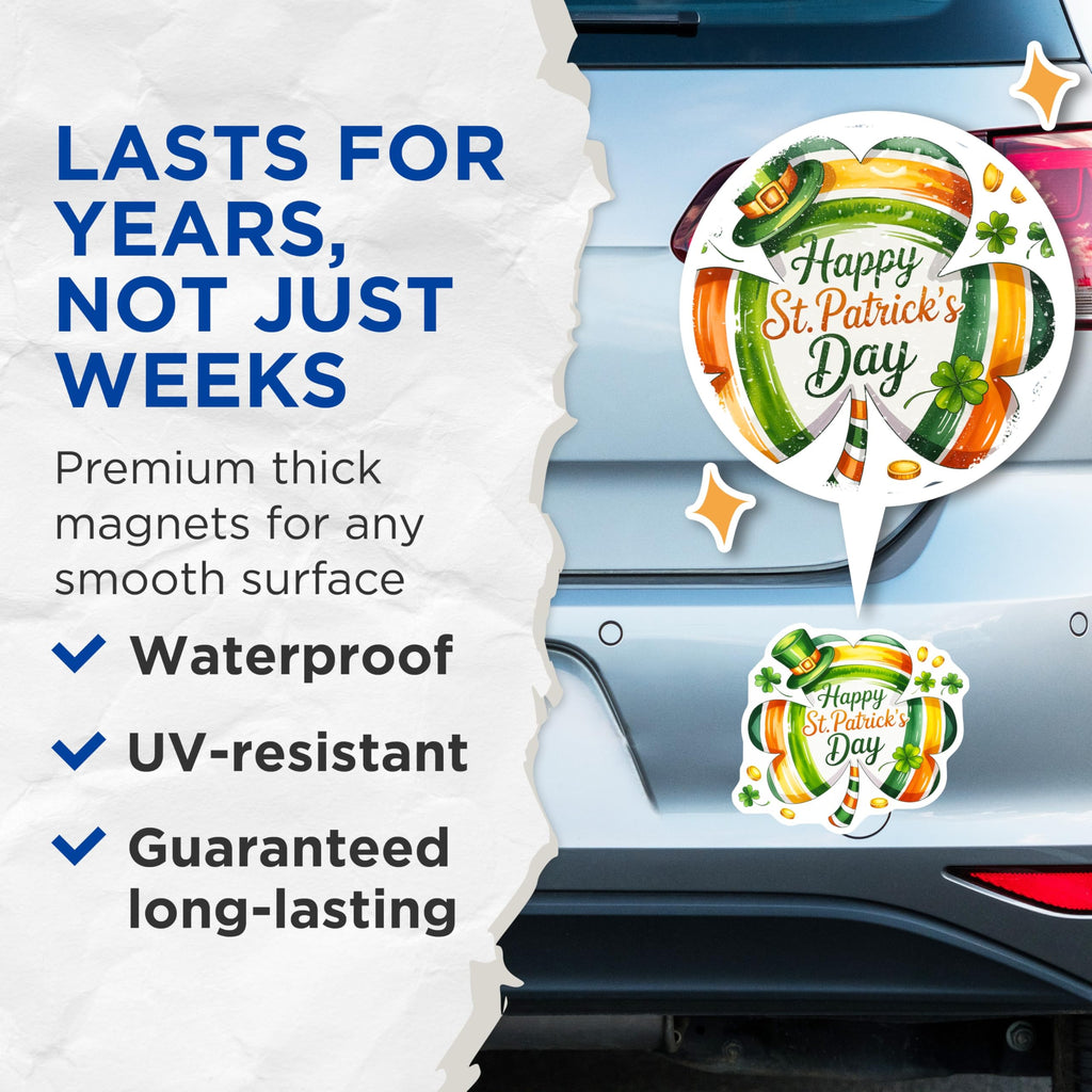 (2 Pack) St Patricks Day Magnets - Irish Shamrock Decor - Leprechaun Hat Celebration - Lucky Charm Refrigerator Accent - 5 Inches On Longest Side - Thick Durable Magnet - Made in USA - MAG28736