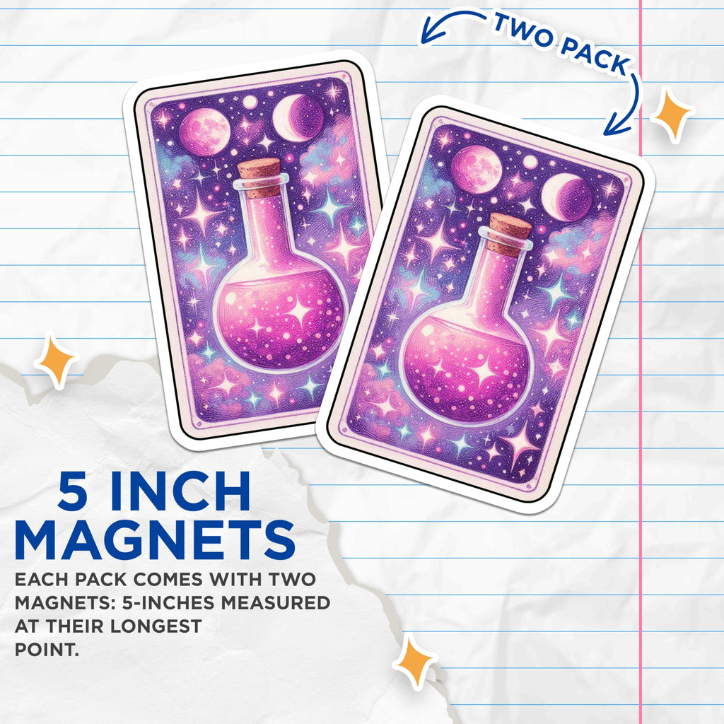 (2 Pack) Cosmic Potion Bottle Magnets - Celestial Magic Elixir - Moon Stars Fantasy Decor - 5 Inches On Longest Side - Thick Durable Magnet - Made in USA - MAG20793