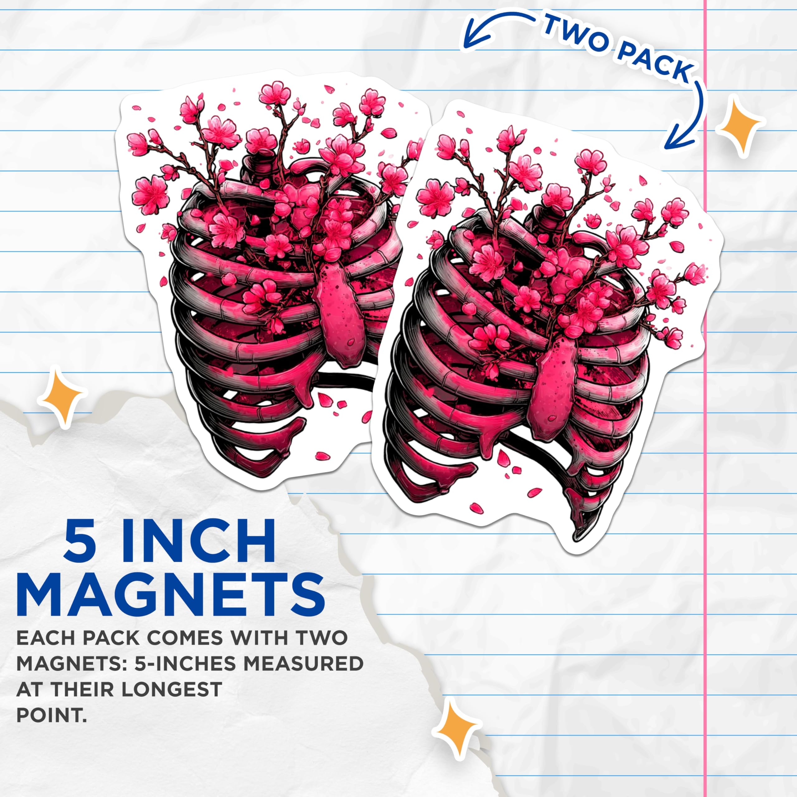 (2 Pack) Cherry Blossom Rib Cage Magnets - Gothic Floral Anatomy Art - Spiritual Macabre Aesthetic Refrigerator Decor - 5 Inches On Longest Side - Thick Durable Magnet - Made in USA - MAG22349