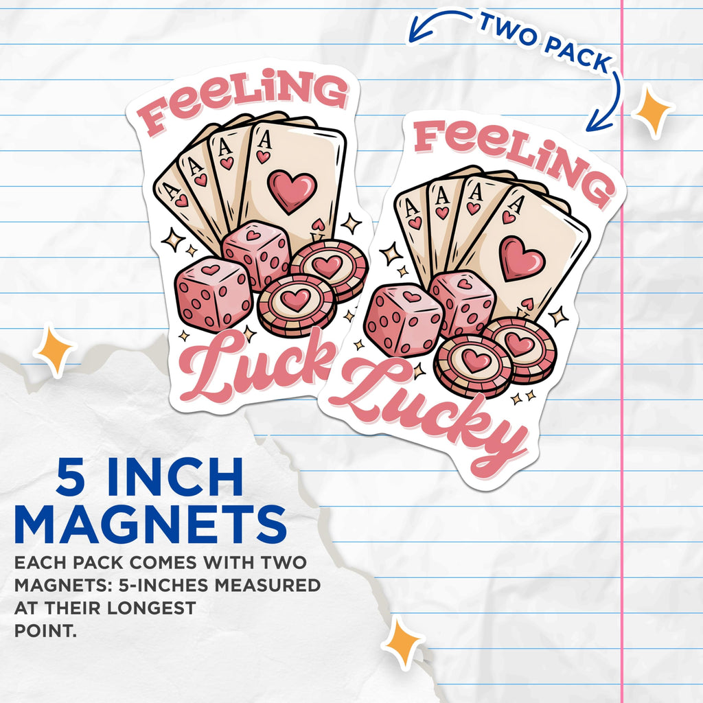 (2 Pack) Feeling Lucky Magnets - Four Aces - Casino Dice and Chips - Gambler Decor - 5" On Longest Side - Premium Magnet - for Cars, Refrigerators, Toolboxes, Lockers - Made in USA - MAG15460