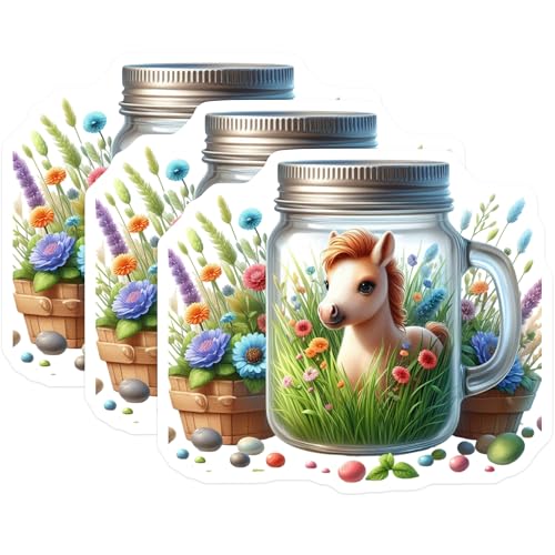 (3 Pack) Horse in Jar Decals - Floral Pony Stickers - Laptop Decals - 3 Inches On Longest Side - Easy Peel & Apply - Made in USA - 3MCS8151