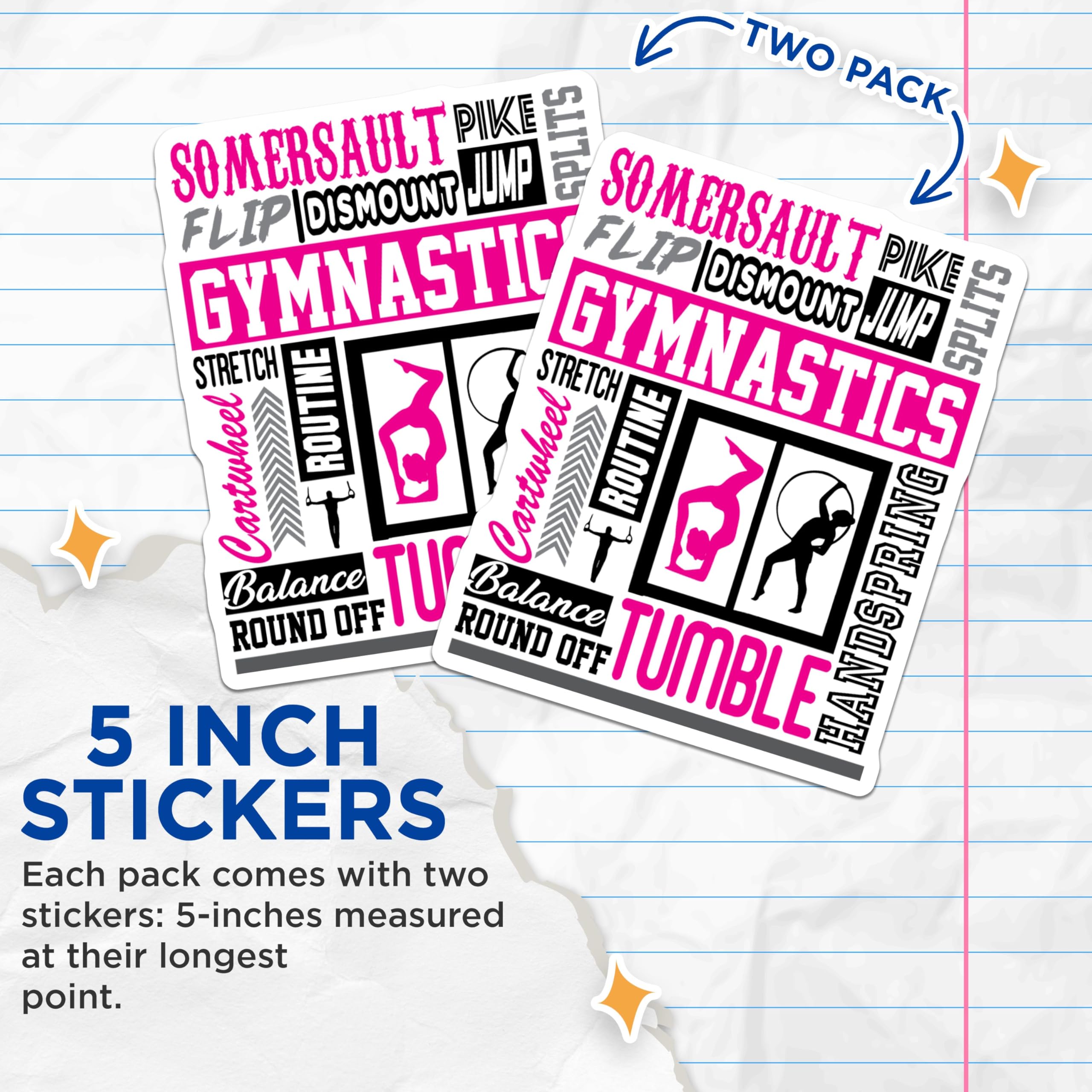 (2 Pack) Gymnastics Flip Stickers - Dance Tumble Stickers - Sports Routine Stickers - 5" On Longest Side - Sticks to Smooth Flat Surfaces - Made in USA - BMCS4846