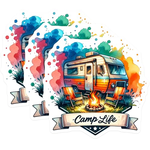 (3 Pack) Camp Life Decals - Camping RV - Outdoor Adventure Decals- 3 Inches On Longest Side - Easy Peel & Apply - Made in USA - 3MCS5711