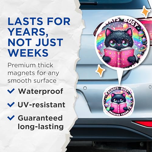 (2 Pack) Always Busy Reading Trash Magnets - Cute Cat Holding Book - Space Rainbow Ative Magnets - 5" On Longest Side - for Cars, Fridges, Toolboxes - Made in USA - MAG4599