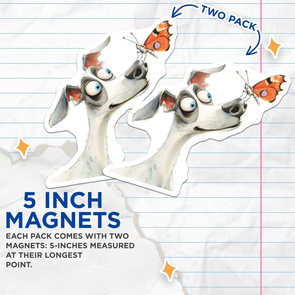 (2 Pack) Whimsical Dog Butterfly Magnets - Curious Animal Art - Pet Lover Decor - 5 Inches On Longest Side - Thick Durable Magnet - Made in USA - MAG29785