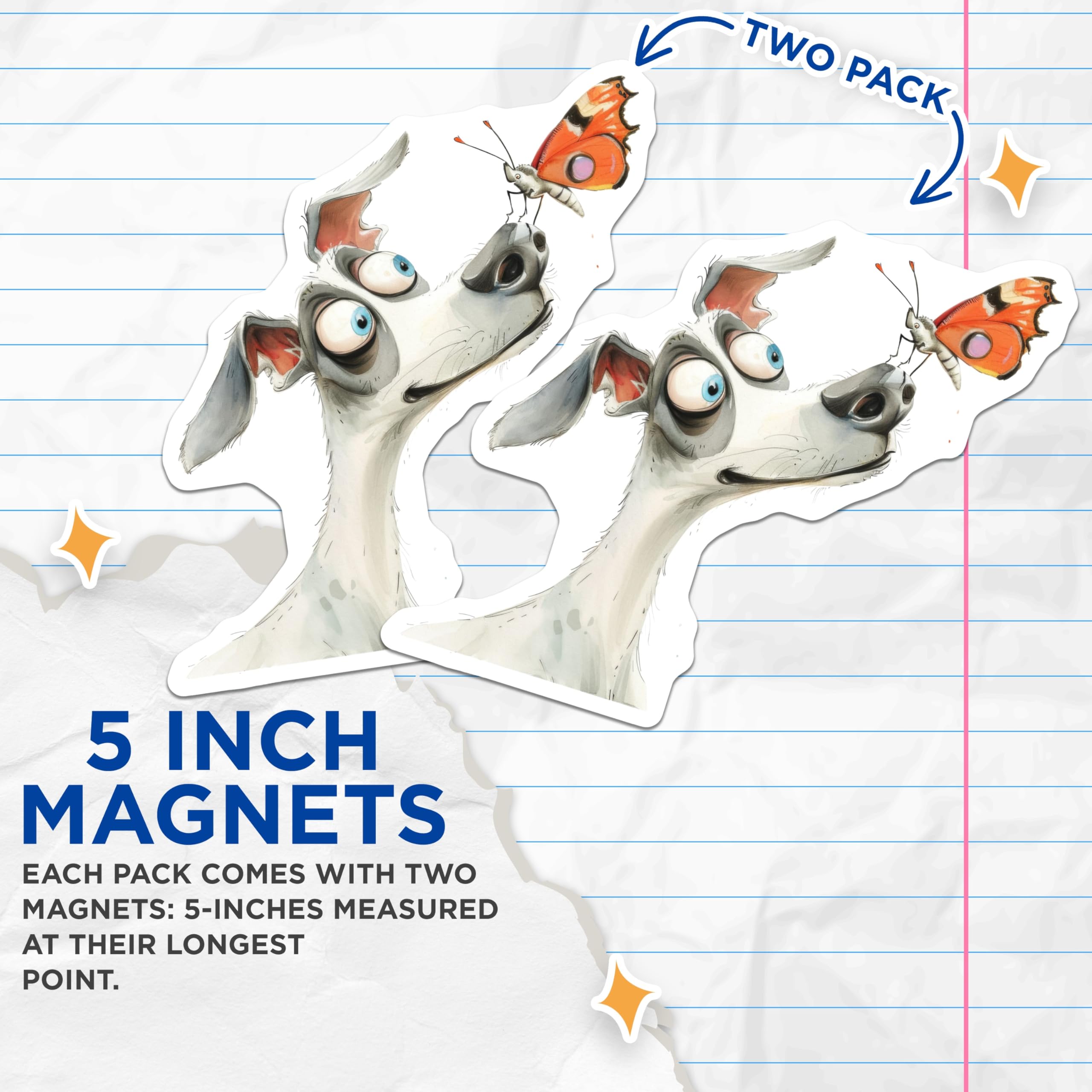 (2 Pack) Whimsical Dog Butterfly Magnets - Curious Animal Art - Pet Lover Decor - 5 Inches On Longest Side - Thick Durable Magnet - Made in USA - MAG29785