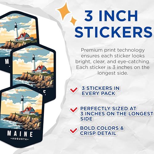 (3 Pack) Maine Decals - Lighthouse Decal - Augusta Maine Decals - 3 Inches On Longest Side - Easy Peel & Apply - Made in USA - 3MCS0360