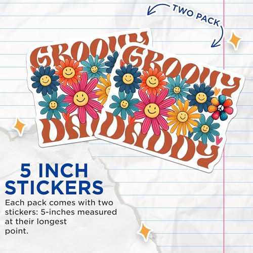 (2 Pack) Groovy Daddy Stickers - Retro Flower Power - Vintage 70s Vibes - 5" On Longest Side - Sticks to Smooth Flat Surfaces - Made in USA - BMCS7478