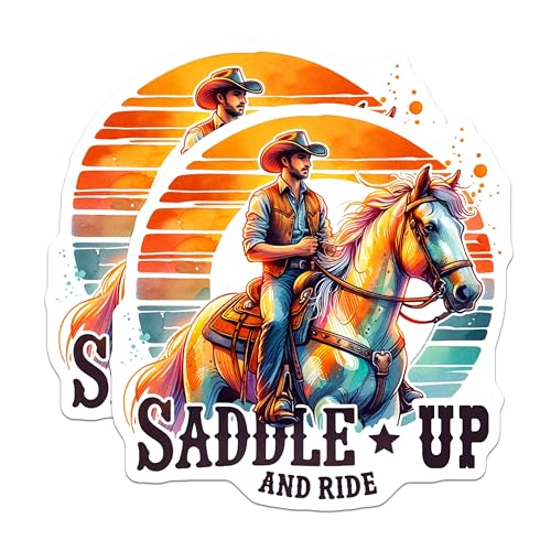 (2 Pack) Saddle Up and Ride Stickers - Cowboy Stickers - Western Style Decals - 5" On Longest Side - Sticks to Smooth Flat Surfaces - Made in USA - BMCS6893