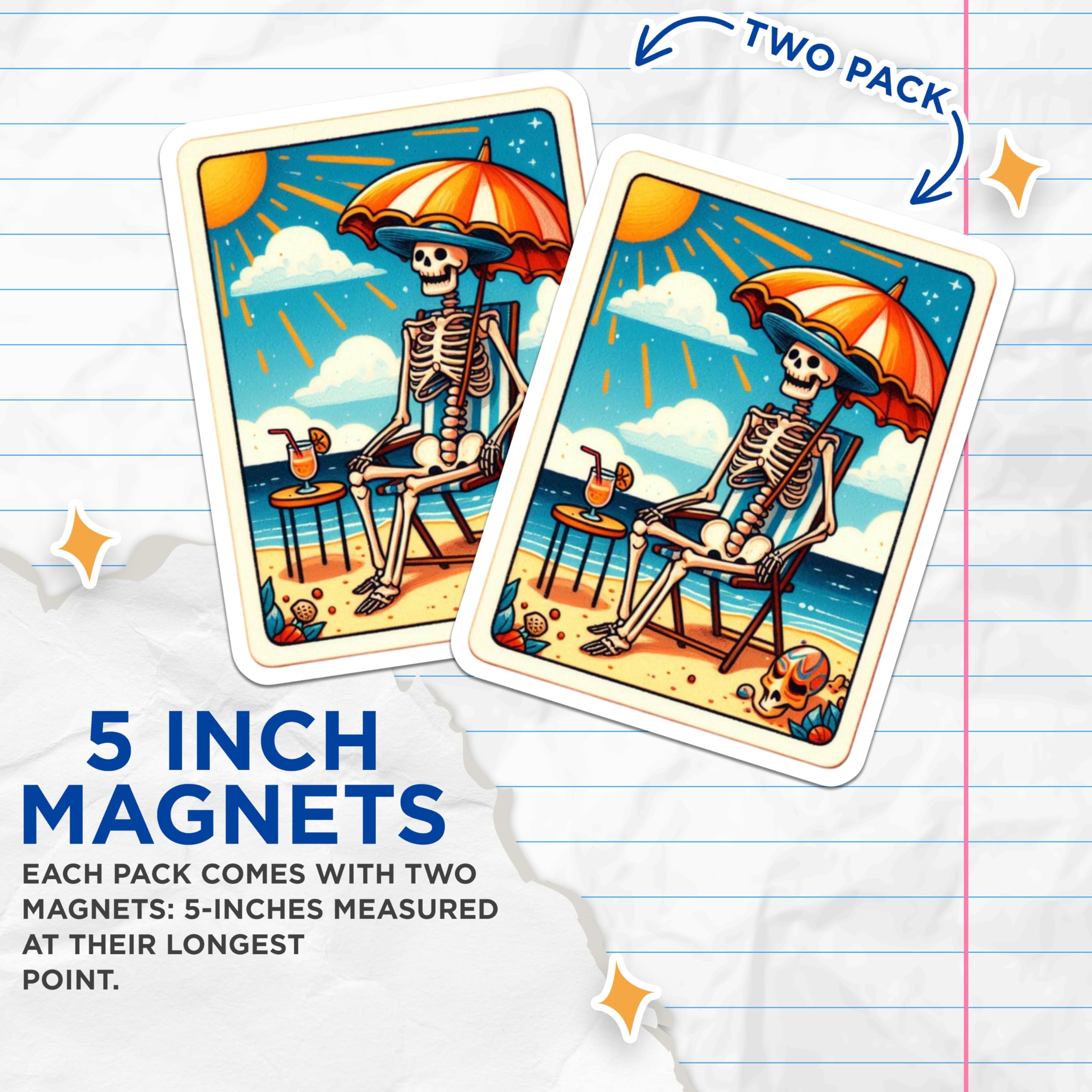 (2 Pack) Skeleton Beach Magnets - Relaxing Summer Vacation Skull Decor - Humorous Ocean Scene Refrigerator Art - 5 Inches On Longest Side - Thick Durable Magnet - Made in USA - MAG22557