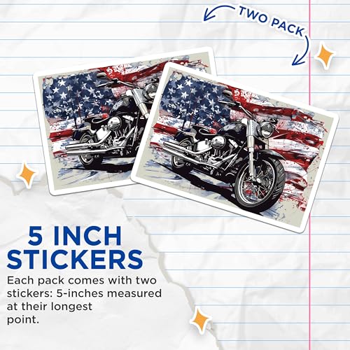 (2 Pack) Motorcycle Flag Stickers - American Flag Art - Patriotic USA - 5" On Longest Side - Sticks to Smooth Flat Surfaces - Made in USA - BMCS9206