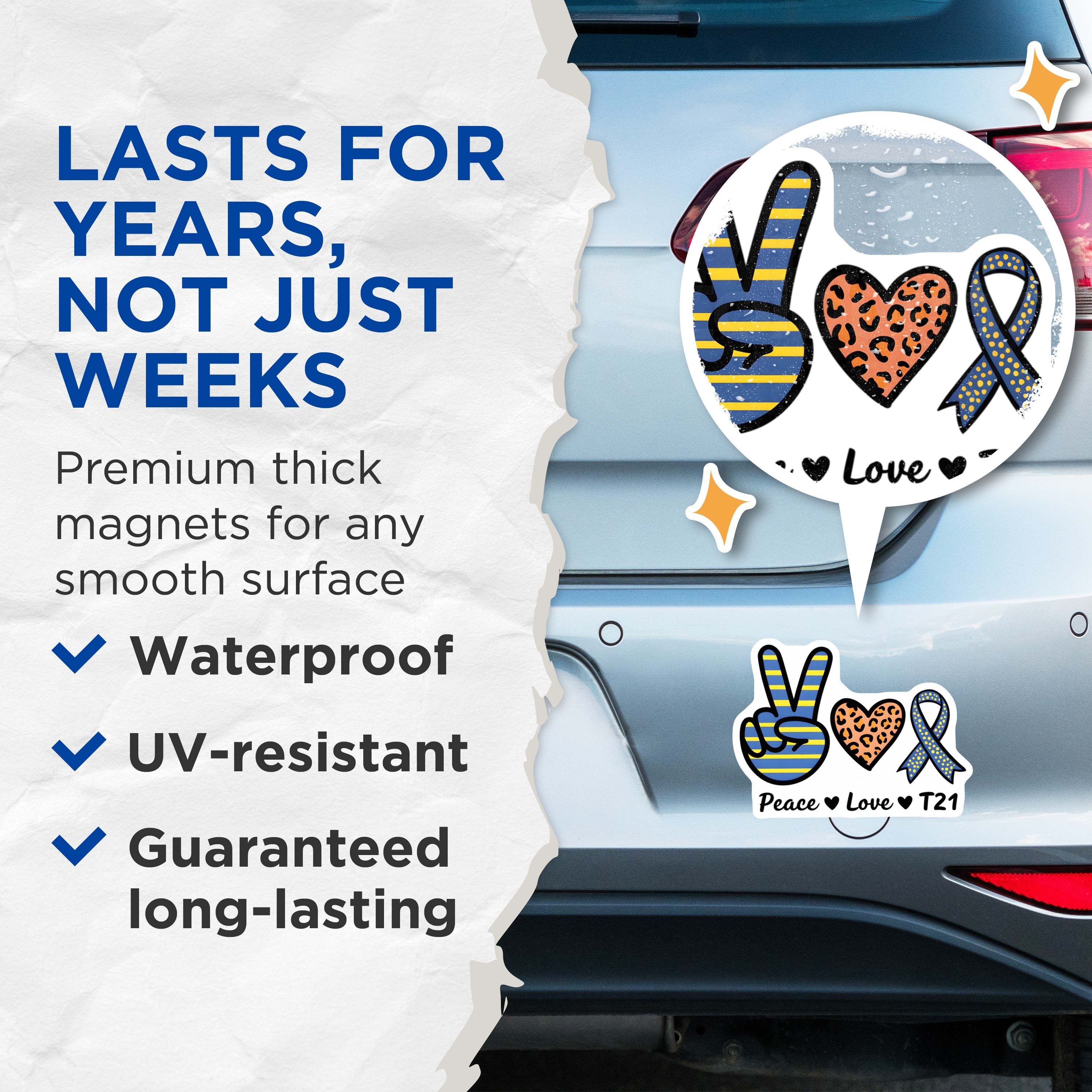 (2 Pack) Peace Love T21 Awareness Magnets - Down Syndrome Support Ribbon - World DS Day Decor - 5 Inches On Longest Side - Thick Durable Magnet - Made in USA - MAG39942