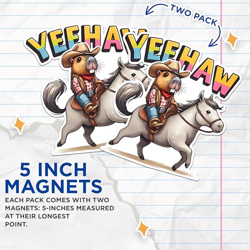 (2 Pack) Yeehaw Funny Capybara Magnets - Cowboy Animal Magnets - Cute Rodeo Theme Decor- 5" On Longest Side - for Fridges, Toolboxes, Cars - Made in USA - MAG2662