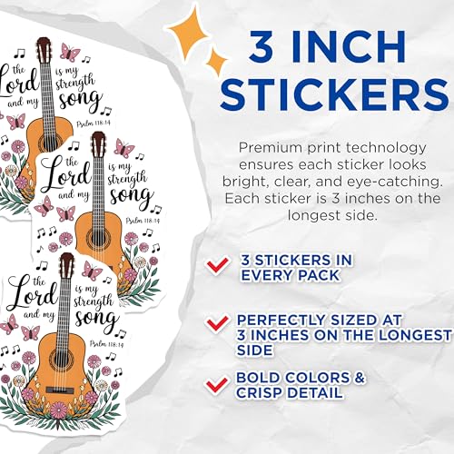 (3 Pack) Guitar Decals - The Lord is My Strength - Christian Decals - 3 Inches On Longest Side - Easy Peel & Apply - Made in USA - 3MCS2889