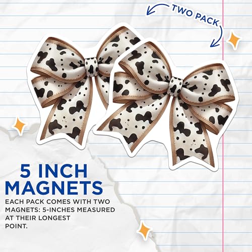 (2 Pack) Cow Print Bow Magnets - Animal Design - Fridge Decor - Cute Kitchen Accessories - Decorative Magnets for Home - 5" On Longest Side - for Cars, Fridges, Toolboxes - Made in USA - MAG6986