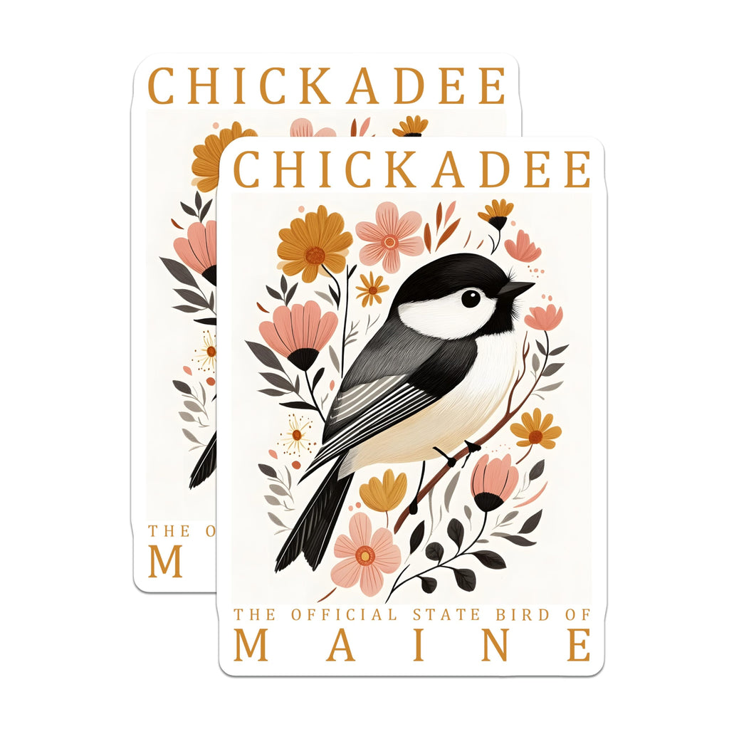(2 Pack) Black Capped Chickadee Magnets - Maine State Bird Art - Botanical Floral Kitchen Decor - Nature Lover Fridge Accent - 5 Inches On Longest Side - Thick Durable Magnet - Made in USA - MAG19399