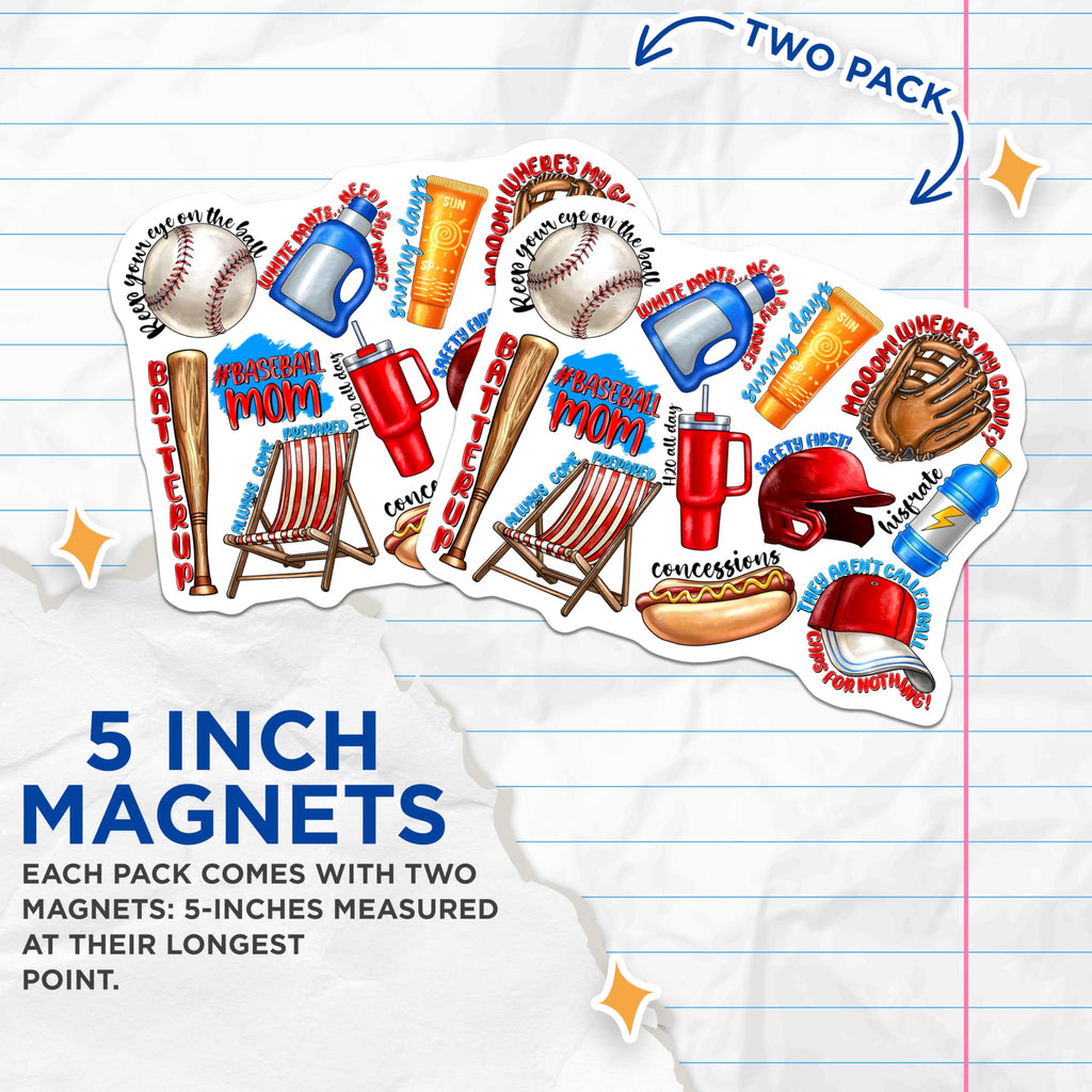 (2 Pack) Baseball Mom Magnets - Sports Mom Refrigerator - Little League Accessories - 5 Inches On Longest Side - Thick Durable Magnet - Made in USA - MAG29217