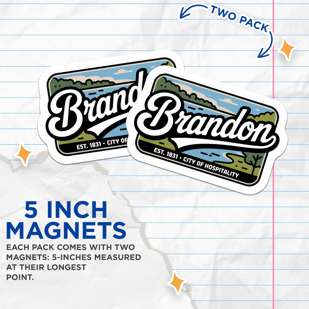 (2 Pack) Brandon Florida Magnets - City of Hospitality Landmark Decor - Est 1831 Community Souvenir - 5 Inches On Longest Side - Thick Durable Magnet - Made in USA - MAG19328