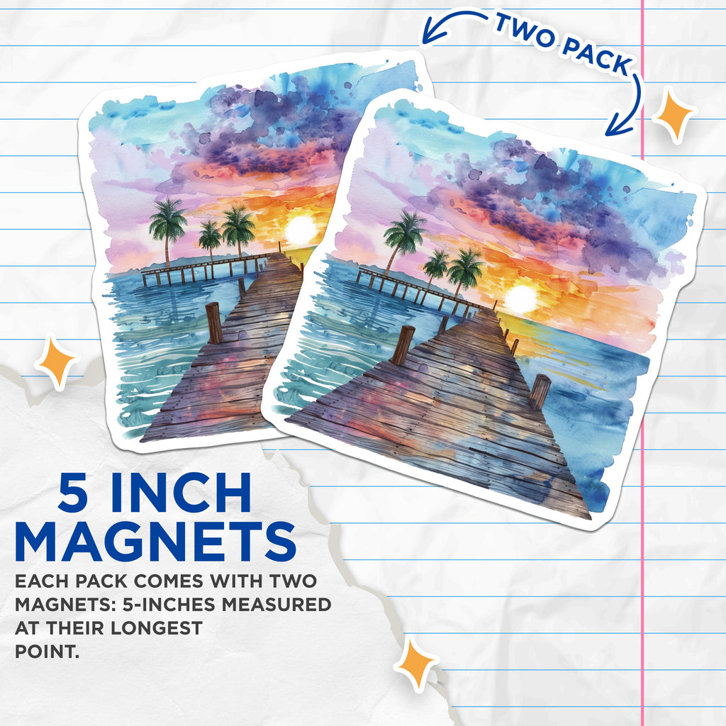 (2 Pack) Tropical Sunset Magnets - Watercolor Beach Scene - Ocean Pier Decor - Coastal Home Fridge Art - 5 Inches On Longest Side - Thick Durable Magnet - Made in USA - MAG36496