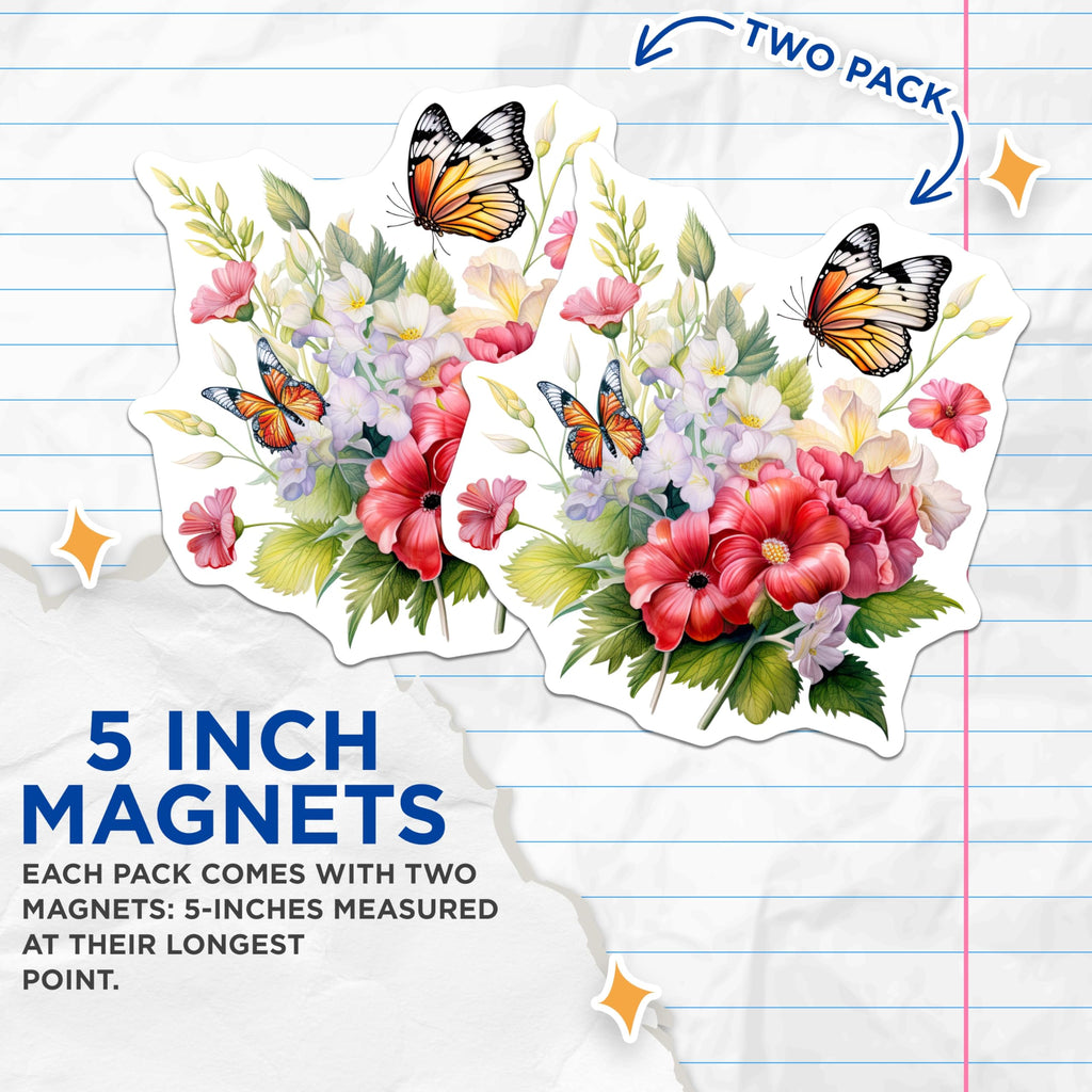 (2 Pack) Butterfly Flower Magnets - Floral Bouquet Art - Botanical Fridge Magnets - 5" On Longest Side - Premium Magnet - for Cars, Refrigerators, Toolboxes, Lockers - Made in USA - MAG15955