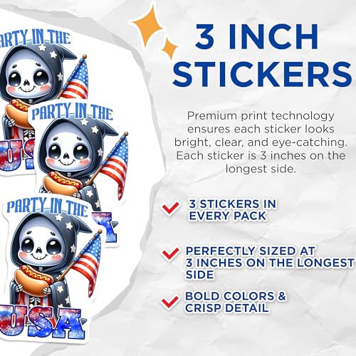 (3 Pack) Patriotic Grim Reaper Decals - USA Flag - Funny 4th of July Decor - 3 Inches On Longest Side - Easy Peel & Apply - Made in USA - 3MCS6672