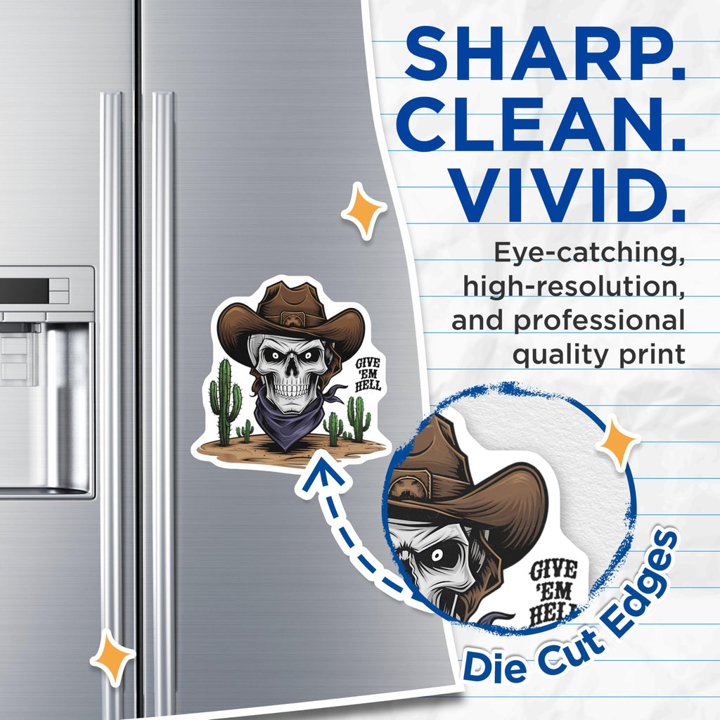 (2 Pack) Cowboy Skull Magnets - Western Desert Decor - Cacti Skull Art - Rebel Attitude Decor - Give Em Hell Slogan - 5 Inches On Longest Side - Thick Durable Magnet - Made in USA - MAG21021