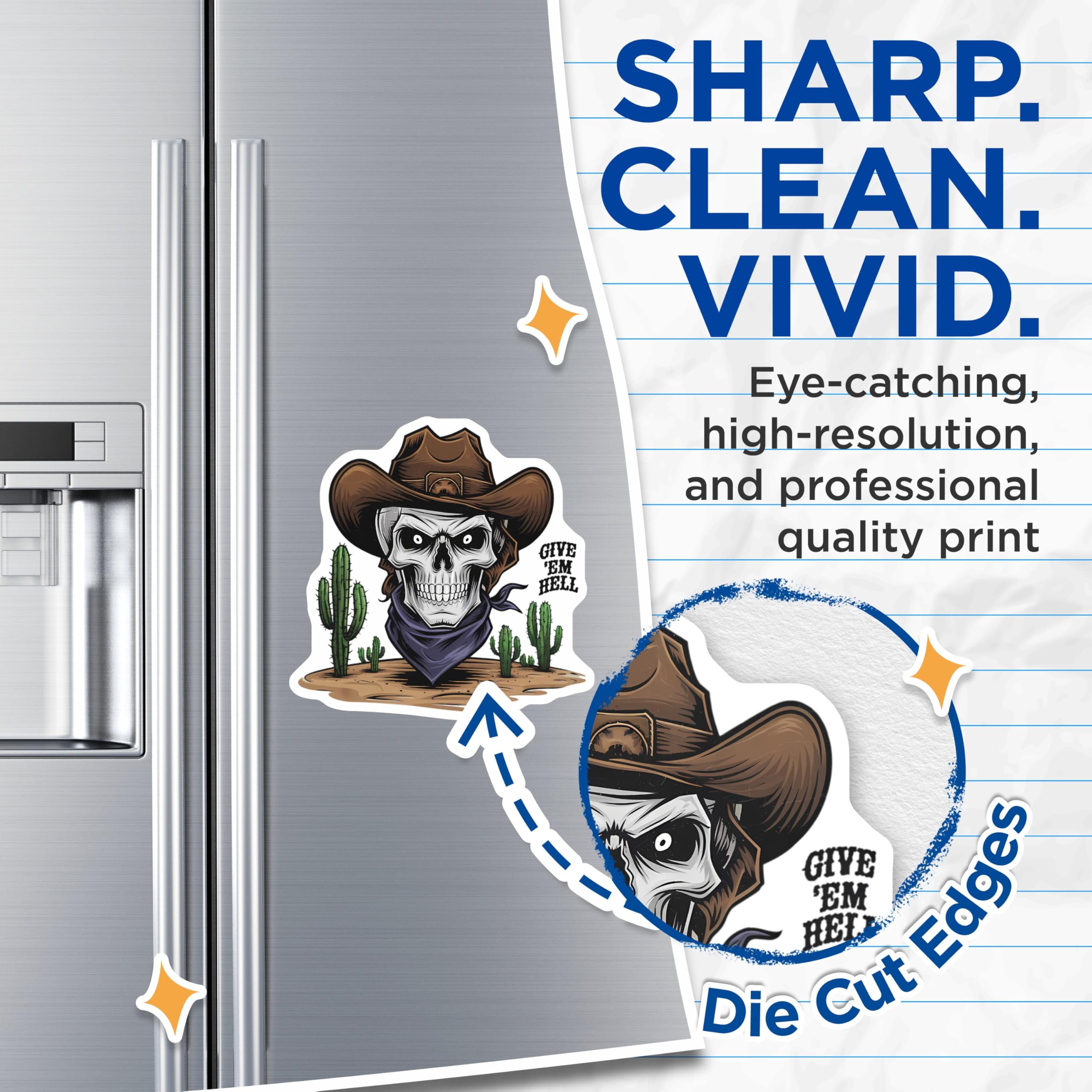 (2 Pack) Cowboy Skull Magnets - Western Desert Decor - Cacti Skull Art - Rebel Attitude Decor - Give Em Hell Slogan - 5 Inches On Longest Side - Thick Durable Magnet - Made in USA - MAG21021