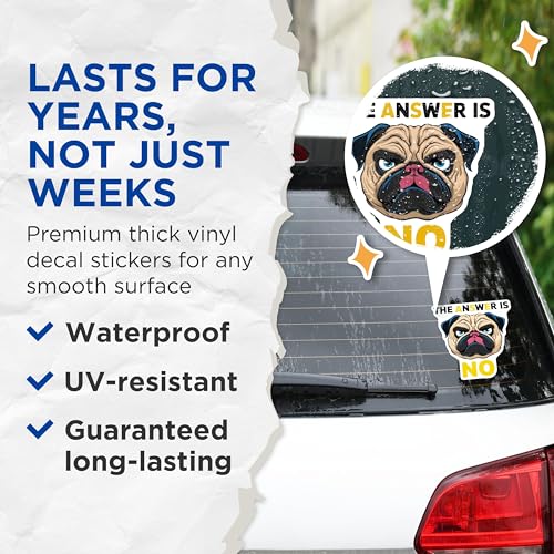 (2 Pack) Funny Pug Dog Stickers - No Answer - Dog Lover Gift - 5" On Longest Side - Sticks to Smooth Flat Surfaces - Made in USA - BMCS8538