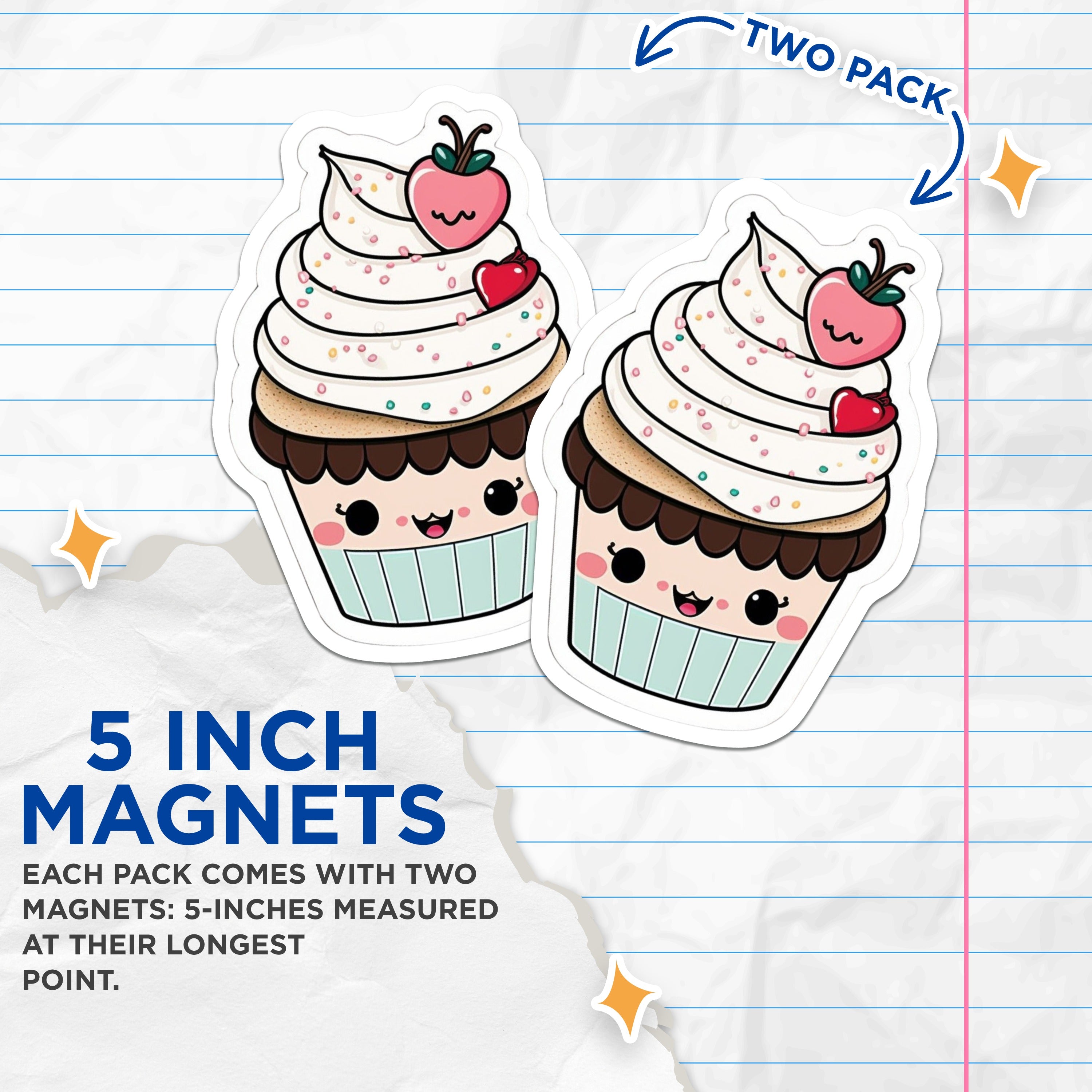 (2 Pack) Kawaii Cupcake Magnets - Cute Dessert Decor - Sweet Bakery Fridge Art for Kitchen - 5 Inches On Longest Side - Thick Durable Magnet - Made in USA - MAG39253