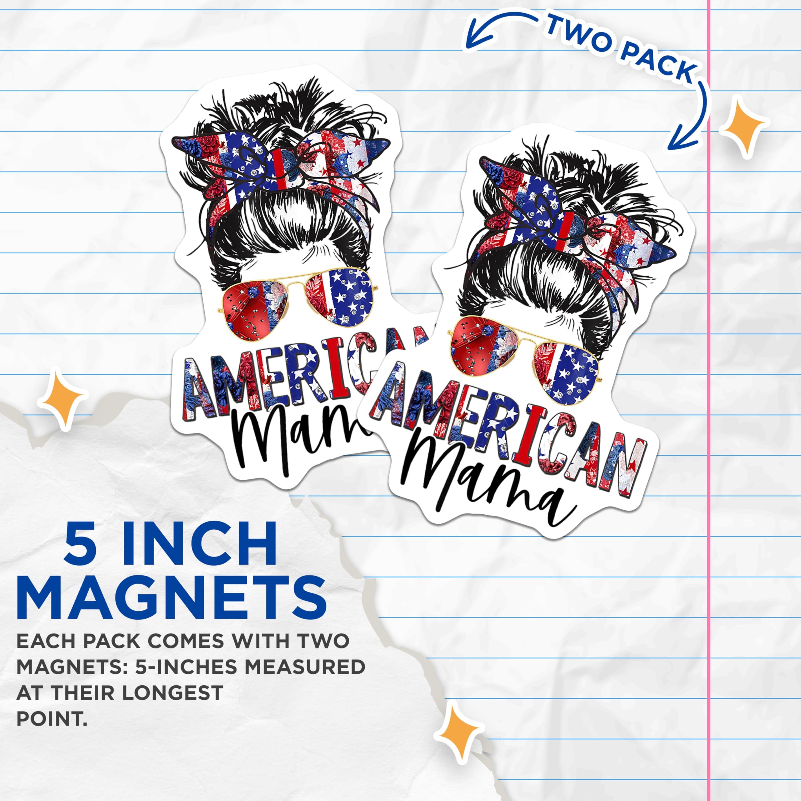 (2 Pack) American Mama Messy Bun Magnets - Patriotic Mom Decor - Fourth of July USA Pride - 5 Inches On Longest Side - Thick Durable Magnet - Made in USA - MAG30886