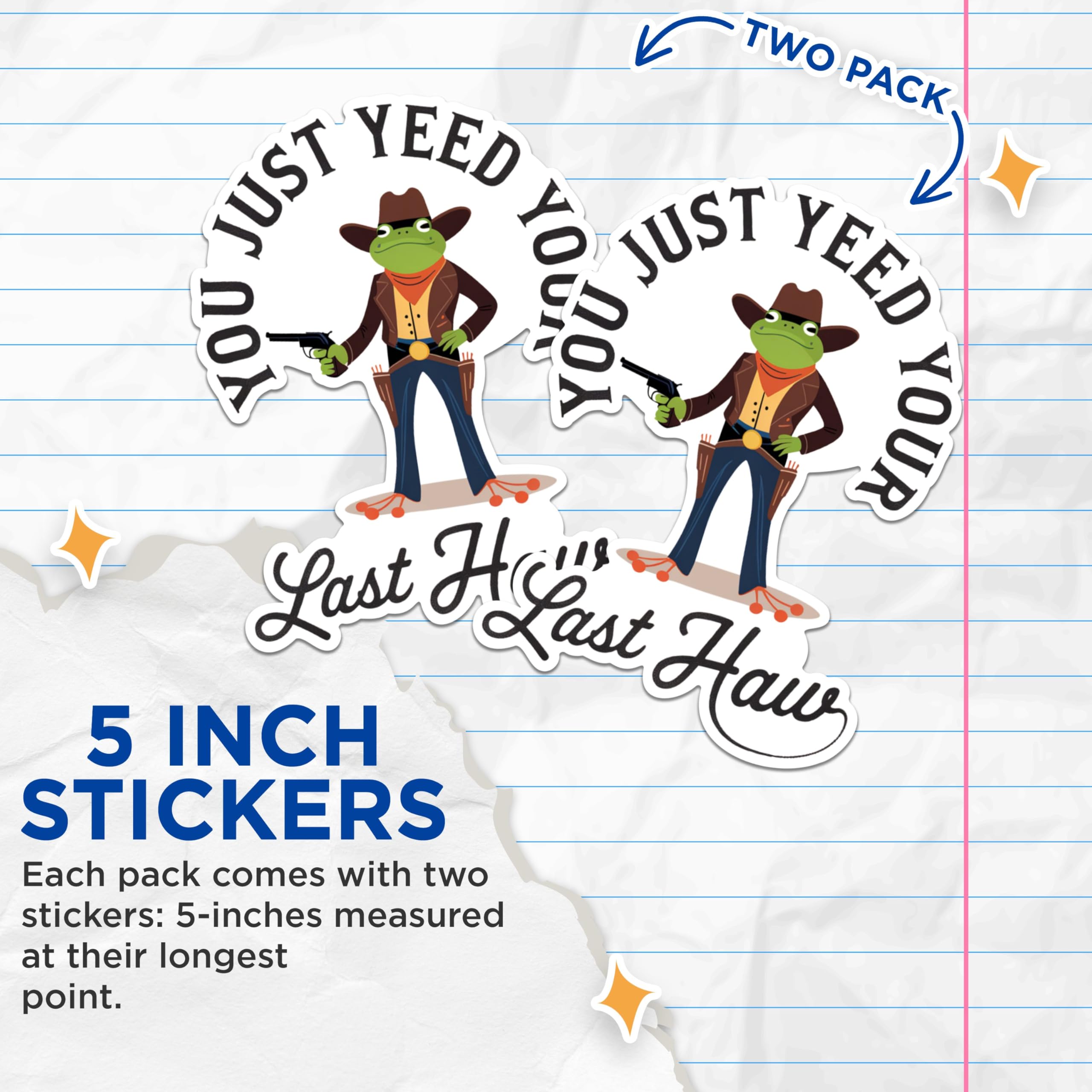 (2 Pack) Funny Cowboy Frog Stickers - Wild West Themed Stickers - Quirky Animal Pun Decals - 5" On Longest Side - Sticks to Any Smooth Flat Surface - Made in USA - BMCS2915