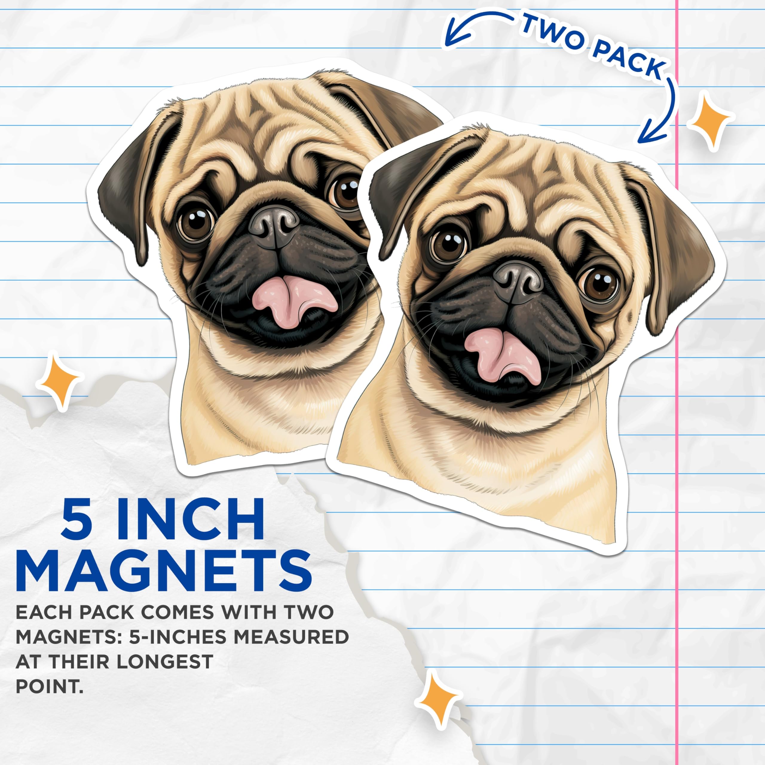(2 Pack) Pug Dog Magnets - Pet Lover Kitchen Decor - Adorable Puppy Refrigerator - 5 Inches On Longest Side - Thick Durable Magnet - Made in USA - MAG28481