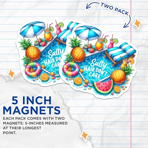 (2 Pack) Salty Hair Don't Care Magnets Magnets - Summer Vibes - Beach Vacation - 5" On Longest Side - Made in USA - Sticks to Refrigerators & Metal Surfaces - MAG9285