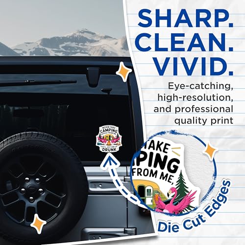 (2 Pack) Funny Camping Stickers - Flamingo Campfire Humor - Outdoor Adventure Stickers for Coolers and RVs - 5" On Longest Side - Sticks to Smooth Flat Surfaces - Made in USA - BMCS6859