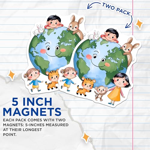 (2 Pack) Kids World Magnets Magnets - Cute Animal Friends - Earth Day Decor for Kids Room - 5" On Longest Side - Made in USA - Sticks to Refrigerators & Metal Surfaces - MAG8439