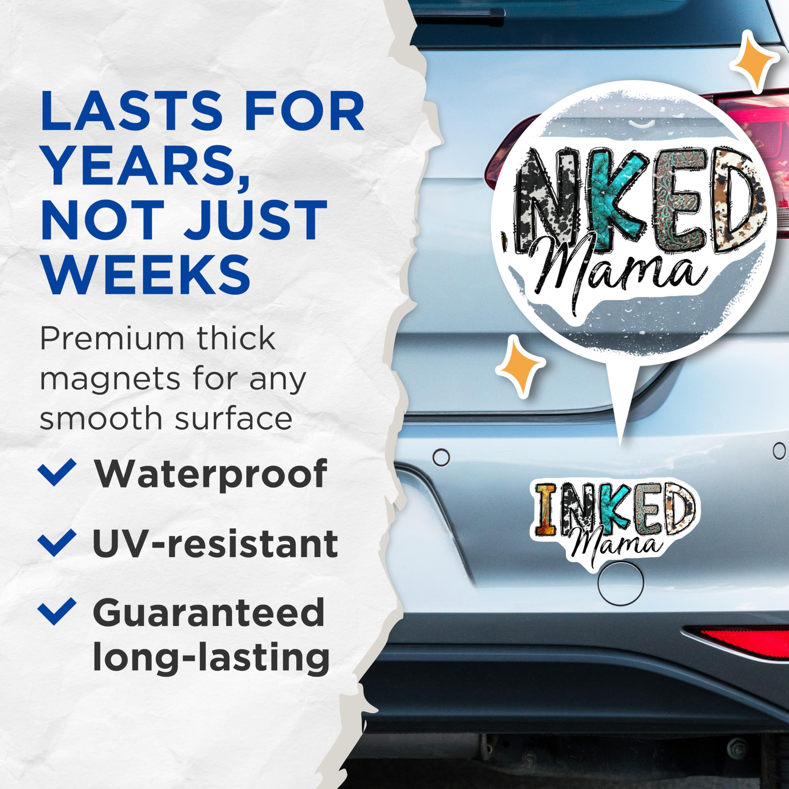 (2 Pack) Inked Mama Magnets - Western Mom Decor - Cowhide Turquoise Accents - 5 Inches On Longest Side - Thick Durable Magnet - Made in USA - MAG25764