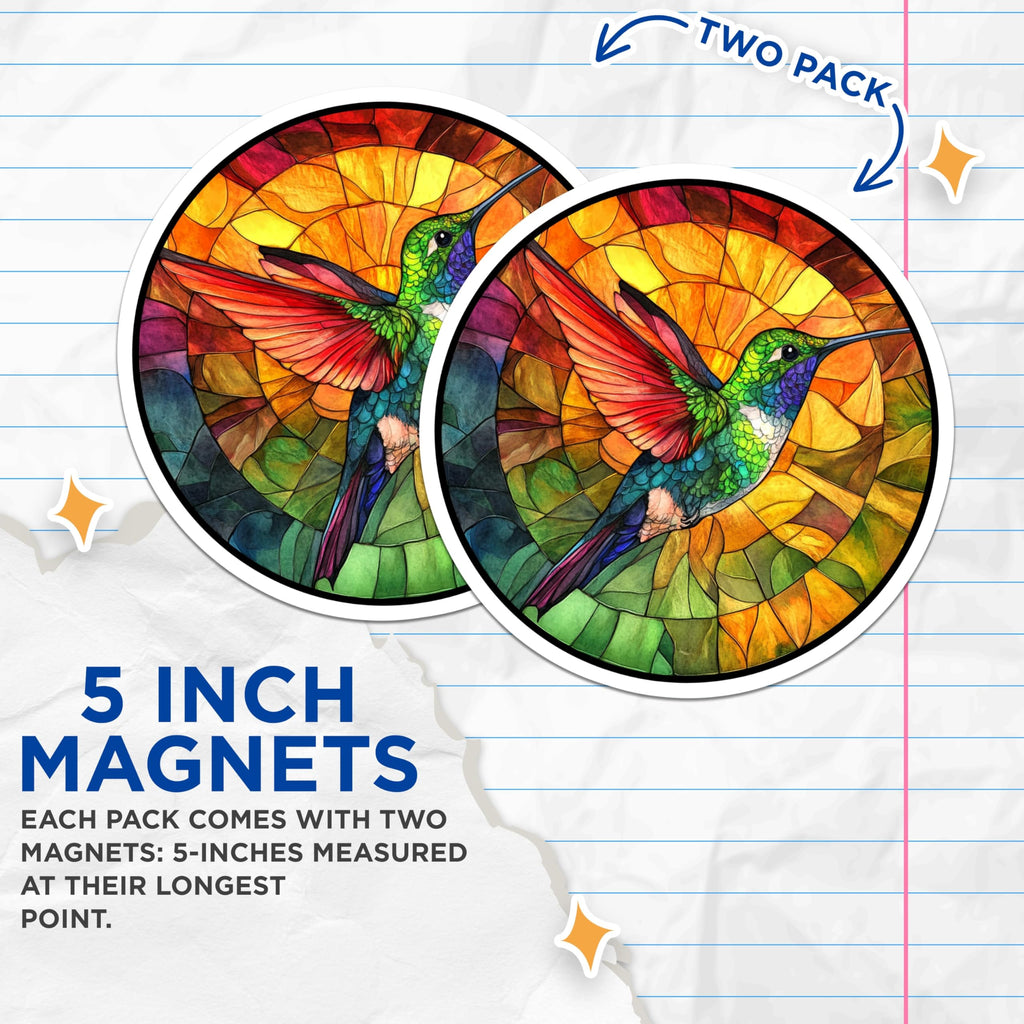 (2 Pack) Stained Glass Hummingbird Magnets - Vibrant Bird Art - Nature Inspired Decor - Kitchen Fridge Accents - 5 Inches On Longest Side - Thick Durable Magnet - Made in USA - MAG26110