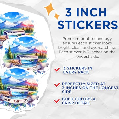 (3 Pack) New Hampshire Decals - Covered Bridge - Travel Souvenir- 3 Inches On Longest Side - Easy Peel & Apply - Made in USA - 3MCS5176