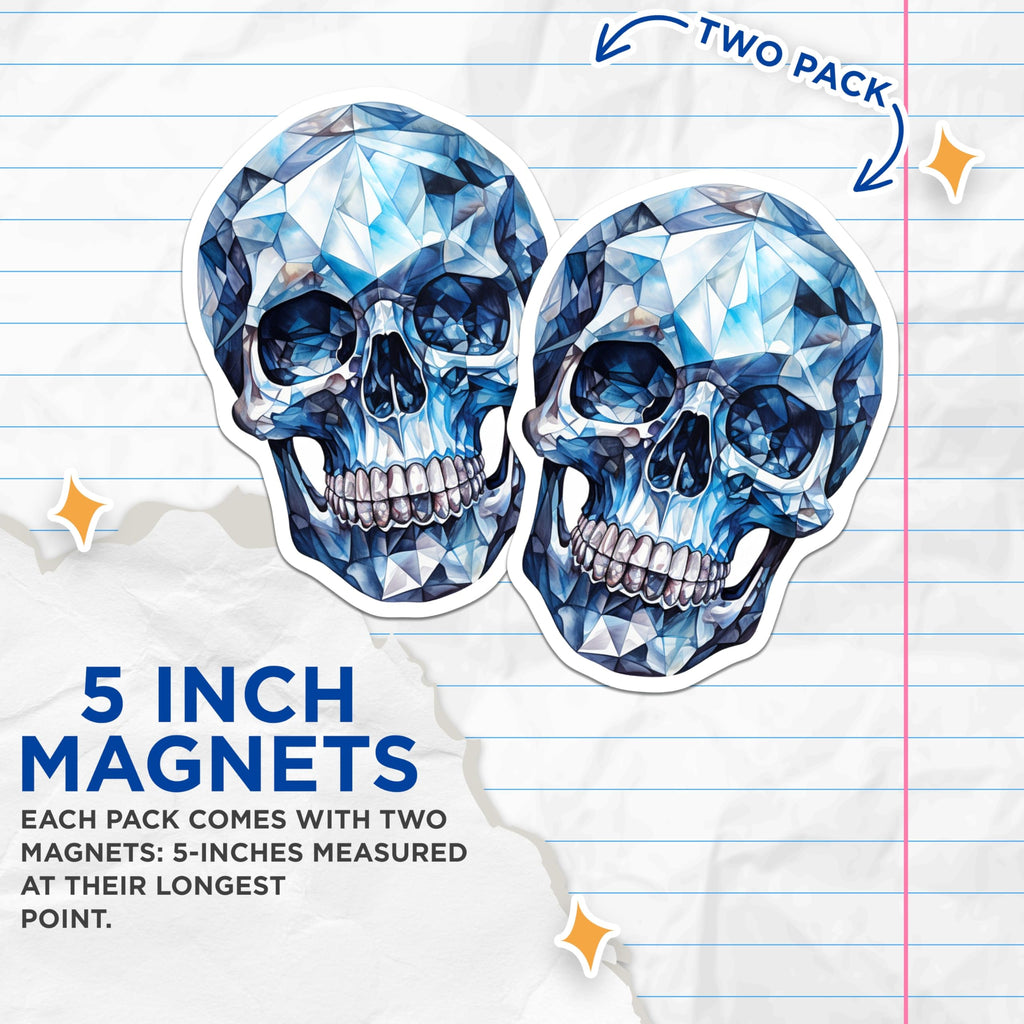 (2 Pack) Blue Diamond Skull Magnets - Faceted Gemstone Art - Gothic Home Accessories - 5 Inches On Longest Side - Thick Durable Magnet - Made in USA - MAG22795
